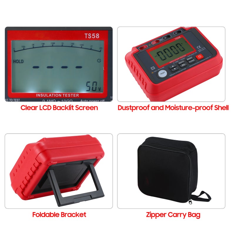 TS58 Digital Insulation Resistance Tester 0.1MΩ-10GΩ Megohmmeter with LCD Backlit Display AC DC 10-600V Maximum 2000 Counts DAR PI Index Insulated Resistance Meter Kit with Zipper Bag - Image 3