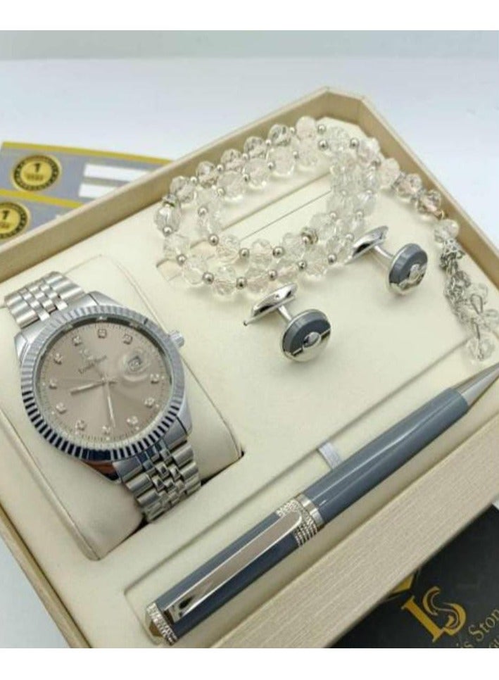 Men's stainless steel set consisting of a watch, a rosary, a pen and cufflinks