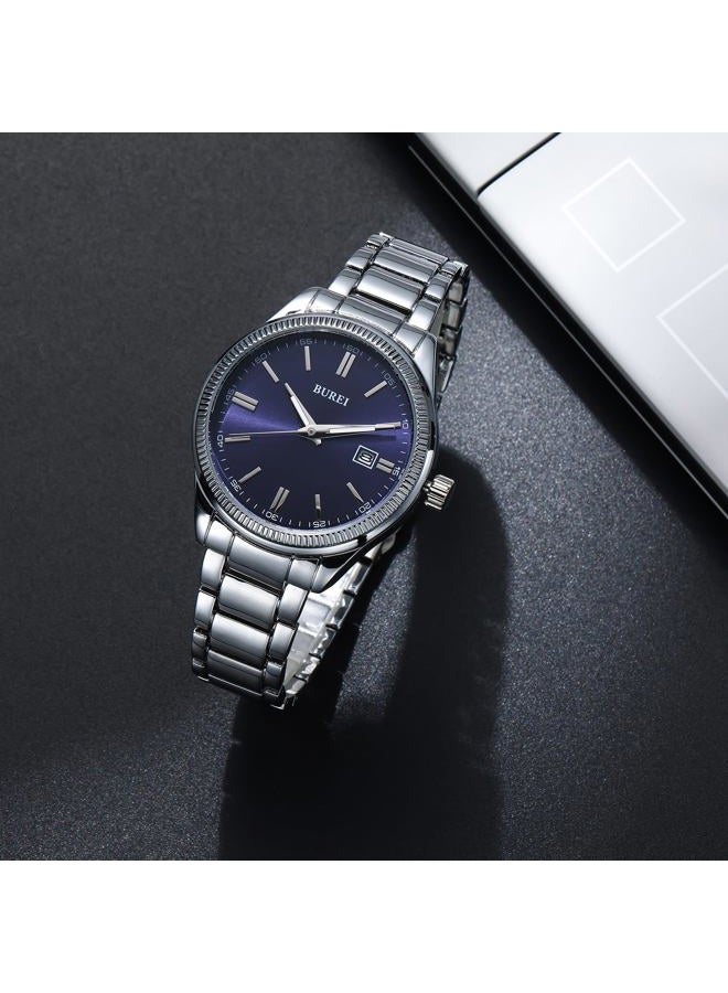 BUREI Mens Watches Fashion Stainless Steel Quartz Watches for Men,Waterproof Luxury Dress Design, Gifts for Men, deep blue silver, Fashionable, classic, multifunctional, easy to read, elegant - Image 3