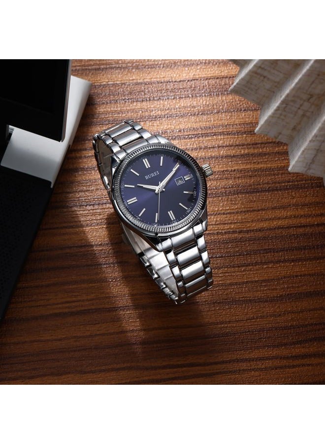 BUREI Mens Watches Fashion Stainless Steel Quartz Watches for Men,Waterproof Luxury Dress Design, Gifts for Men, deep blue silver, Fashionable, classic, multifunctional, easy to read, elegant - Image 2