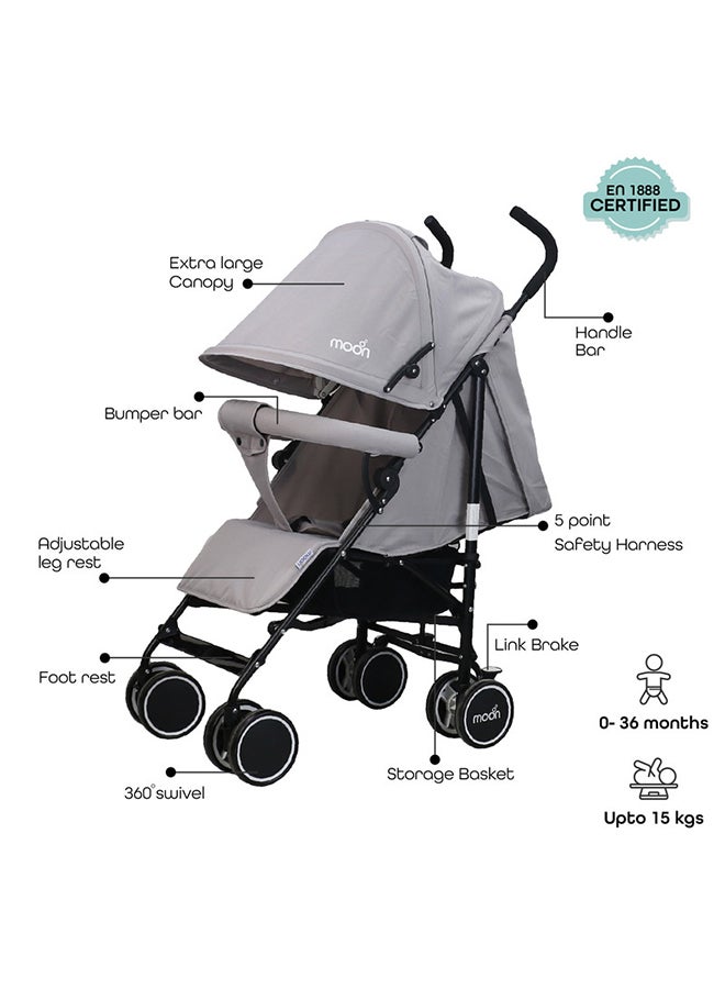 Moon Neo Plus Travel Stroller – Umbrella Fold, Reclining Seat, Storage Basket, Lightweight And Compact, Suitable 0-36M (Up to 15kg) – Light Grey - Image 3