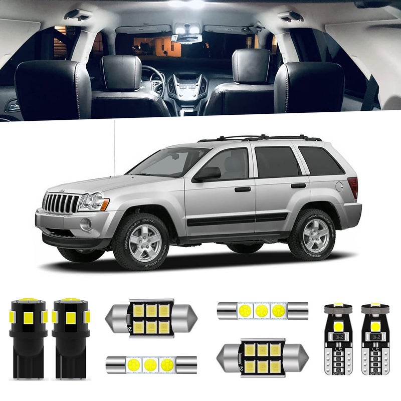 ENDPAGE 12Pieces Grand Cherokee Interior LED Light Kit Package for Jeep Grand Cherokee 2005 2006 2007 2008 2009 2010 White 6000K Interior LED Lighting Package License Plate Lights Install Tool