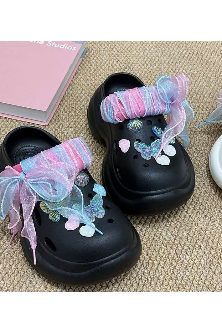 Women's Ribbon Thick-Soled Heightening Slippers Casual and Versatile Sandals Beach Non-Slip Hole Sandals (Black) - Image 1