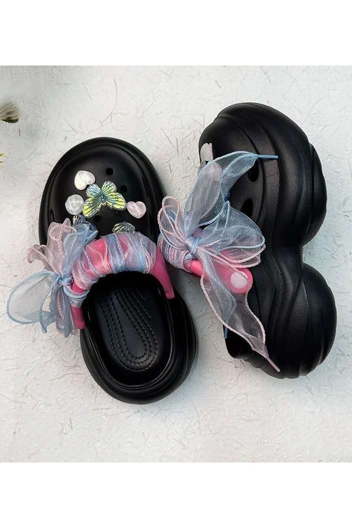 Women's Ribbon Thick-Soled Heightening Slippers Casual and Versatile Sandals Beach Non-Slip Hole Sandals (Black) - Image 2