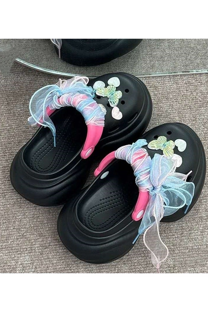 Women's Ribbon Thick-Soled Heightening Slippers Casual and Versatile Sandals Beach Non-Slip Hole Sandals (Black) - Image 3