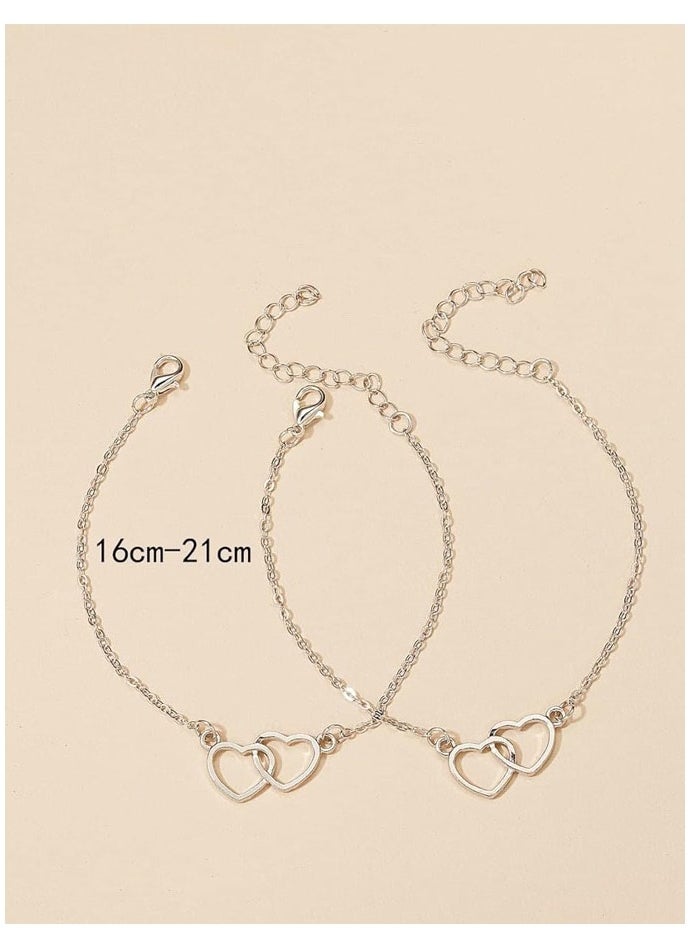 Generic - Two distinctive silver hand bracelets with two-heart design and gift card elegant and soft adjustable accessory suitable for special occasions and for gifting - Image 1