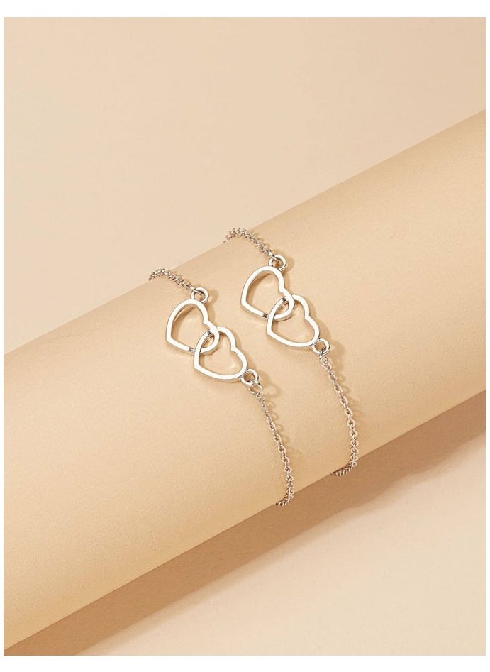 Generic - Two distinctive silver hand bracelets with two-heart design and gift card elegant and soft adjustable accessory suitable for special occasions and for gifting - Image 1