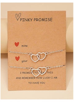Two distinctive silver hand bracelets with two-heart design and gift card elegant and soft adjustable accessory suitable for special occasions and for gifting