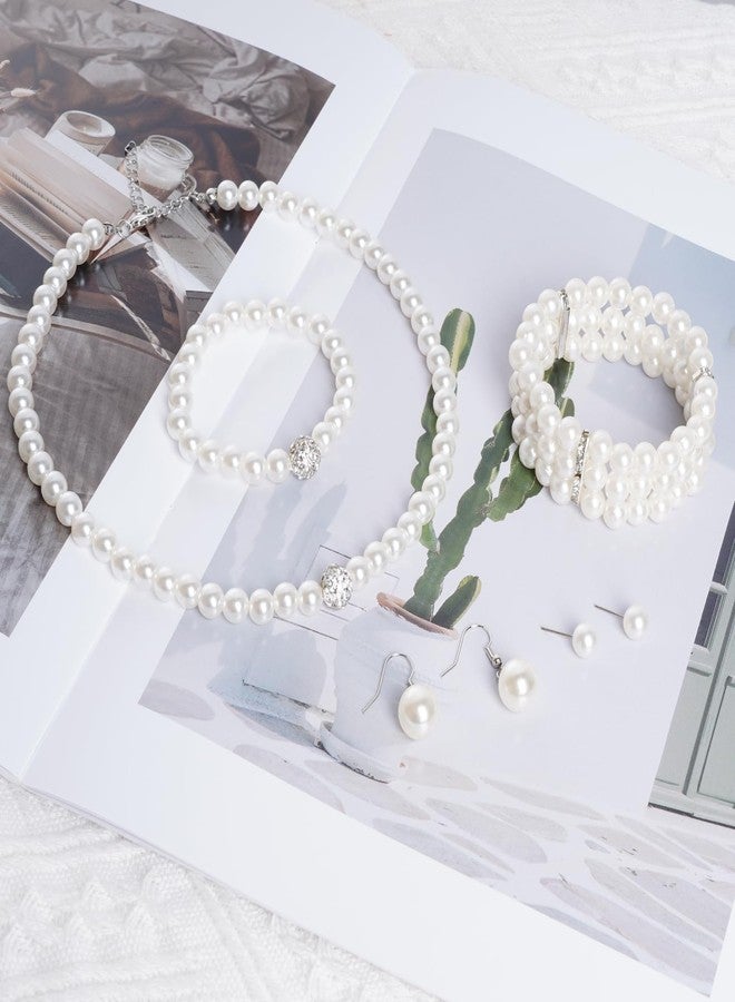 SUMERSHA 5pcs Faux Pearl Jewelry Set for Women Simulated Pearls Rhinestone Necklace Earrings Bracelet for Party Wedding Accessories - Image 4
