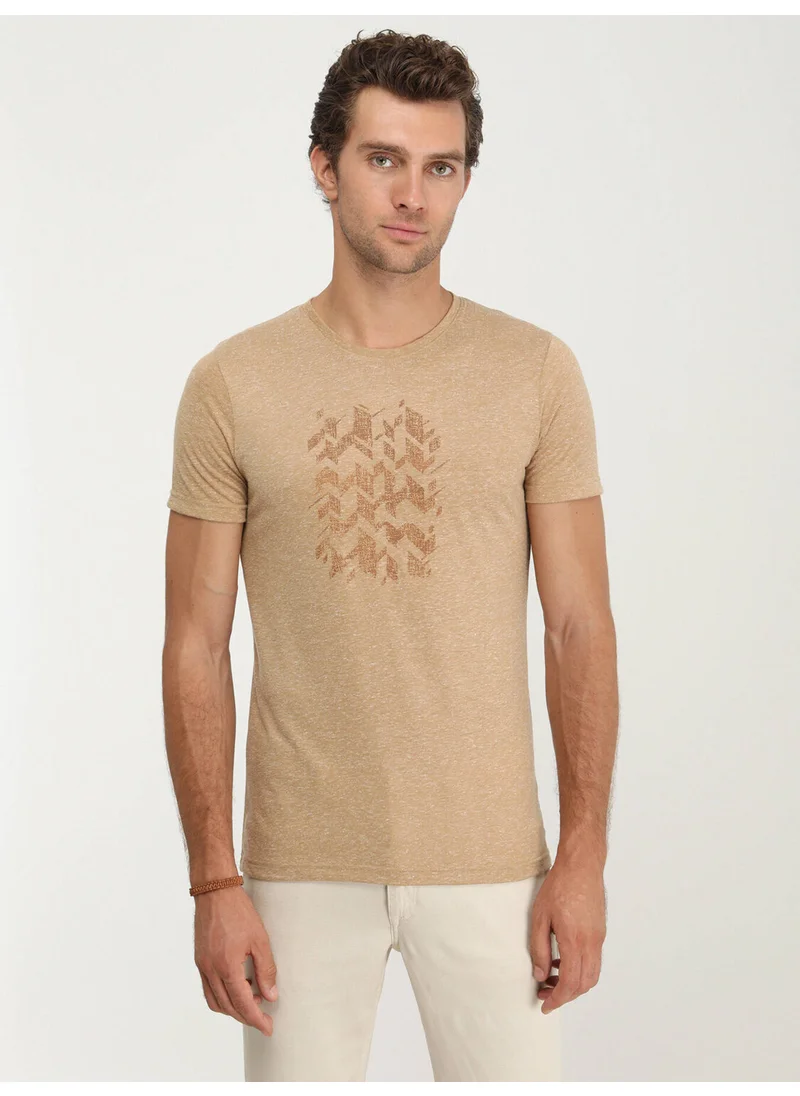 Kip Camel Hair Printed Crew Neck Linen Blend T-Shirt