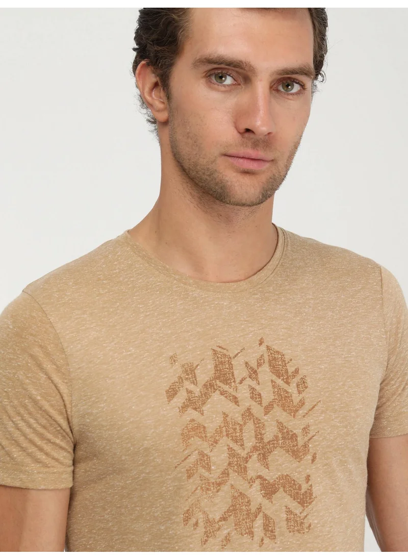 Kip Camel Hair Printed Crew Neck Linen Blend T-Shirt