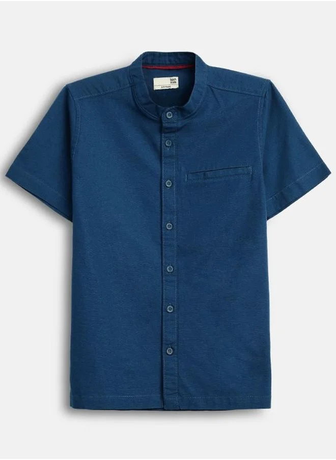 بونكيدز Boy's shirts in regular fit navy colour cotton fabric embellished pattern pull over closure woven weave type round collar type round neckline half sleeve length button down upper body wear type suitable for casual occasions – the fresh pick of the fashion season!