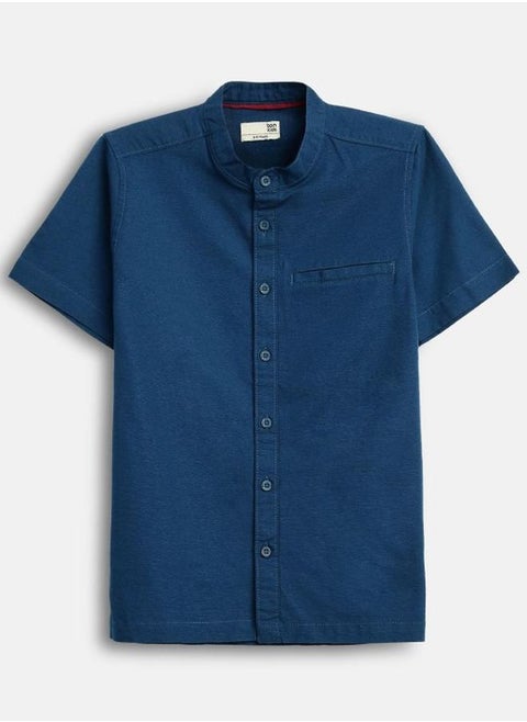 Boy's shirts in regular fit navy colour cotton fabric embellished pattern pull over closure woven weave type round collar type round neckline half sleeve length button down upper body wear type suitable for casual occasions – the fresh pick of the fashion season!