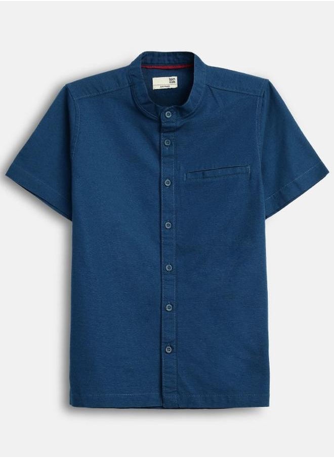 Bonkids - Boy's shirts in regular fit navy colour cotton fabric embellished pattern pull over closure woven weave type round collar type round neckline half sleeve length button down upper body wear type suitable for casual occasions – the fresh pick of the fashion season! - Image 1