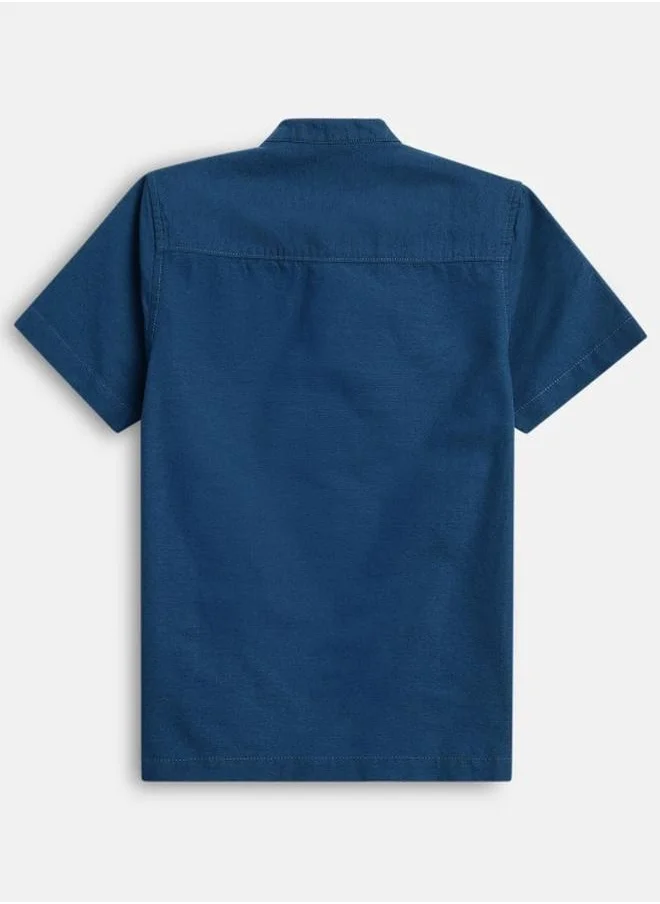 بونكيدز Boy's shirts in regular fit navy colour cotton fabric embellished pattern pull over closure woven weave type round collar type round neckline half sleeve length button down upper body wear type suitable for casual occasions – the fresh pick of the fashion season!