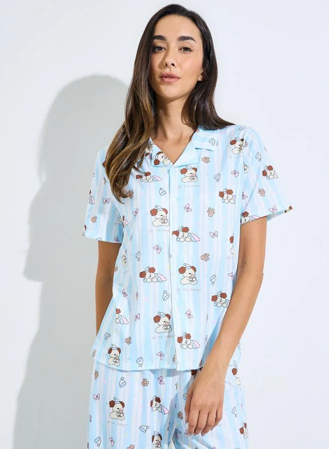 Styli Blue Bear Print Shirt and Pyjama Set