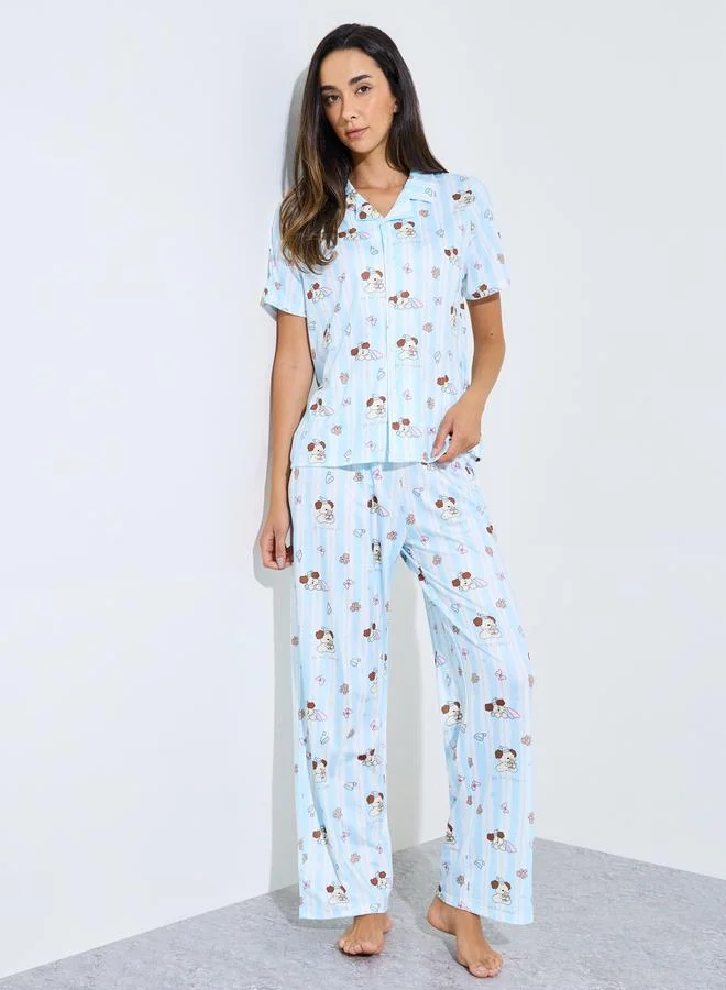 Styli Blue Bear Print Shirt and Pyjama Set