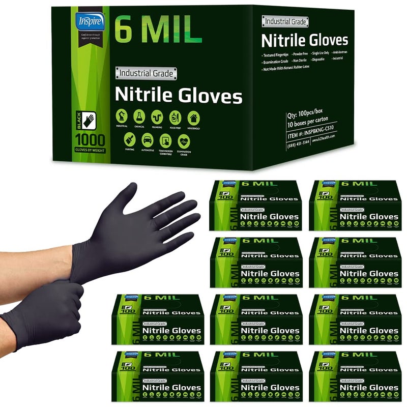 Inspire HEAVY DUTY 6Mil ORIGINAL Quality Stretch Nitrile Gloves Black Disposable Latex Free | Food, Industrial, Mechanic Tattoo (6Mil Black, Medium) - Image 1