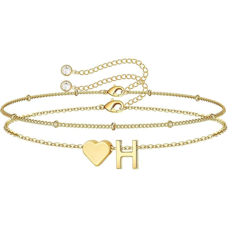 M MOOHAM Initial Heart Bracelets for Women - Layered Dainty 14K-Gold-Plated Heart Letter A-Z Charm Bracelets for Women, Chain Link Charm Bracelets Beaded Bracelets Birthday Gifts Womens Jewelry - Image 1
