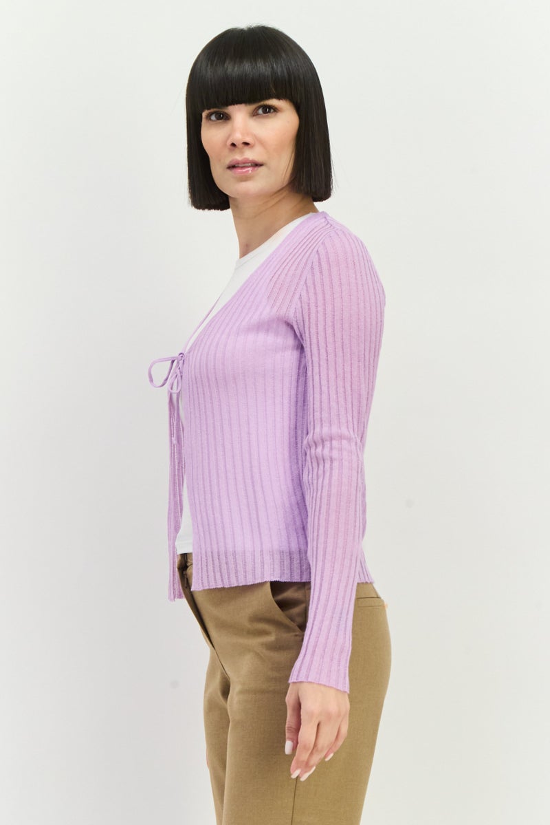 MANGO Women Tie Neck Striped Cardigan, Lavender  - Image 2