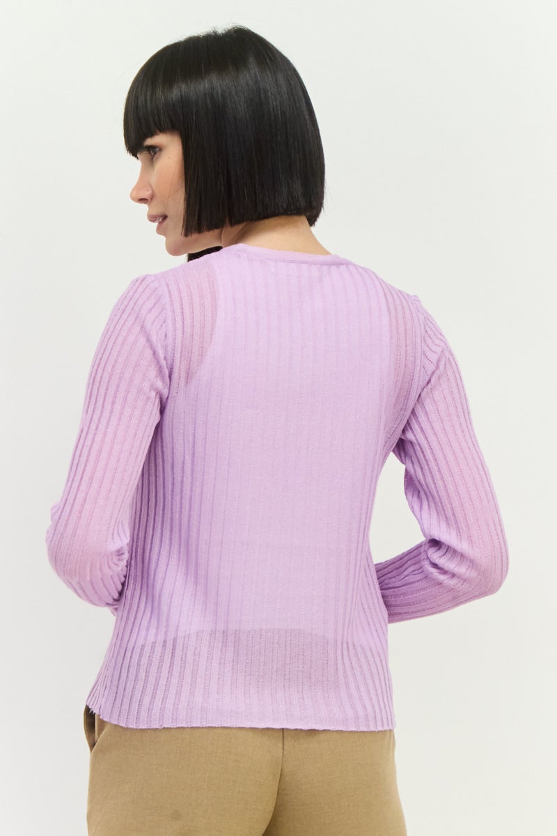 MANGO Women Tie Neck Striped Cardigan, Lavender  - Image 3
