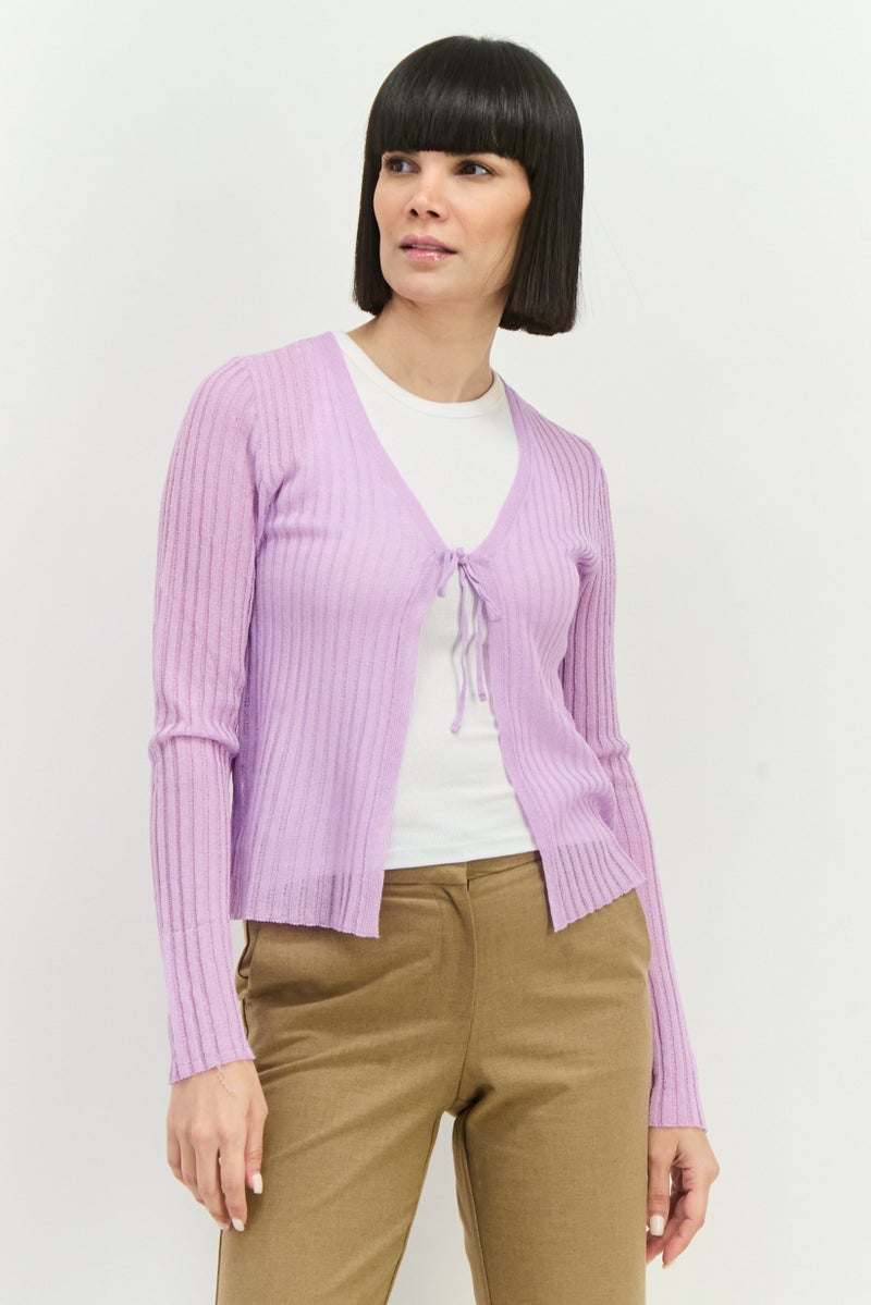 MANGO Women Tie Neck Striped Cardigan, Lavender  - Image 1