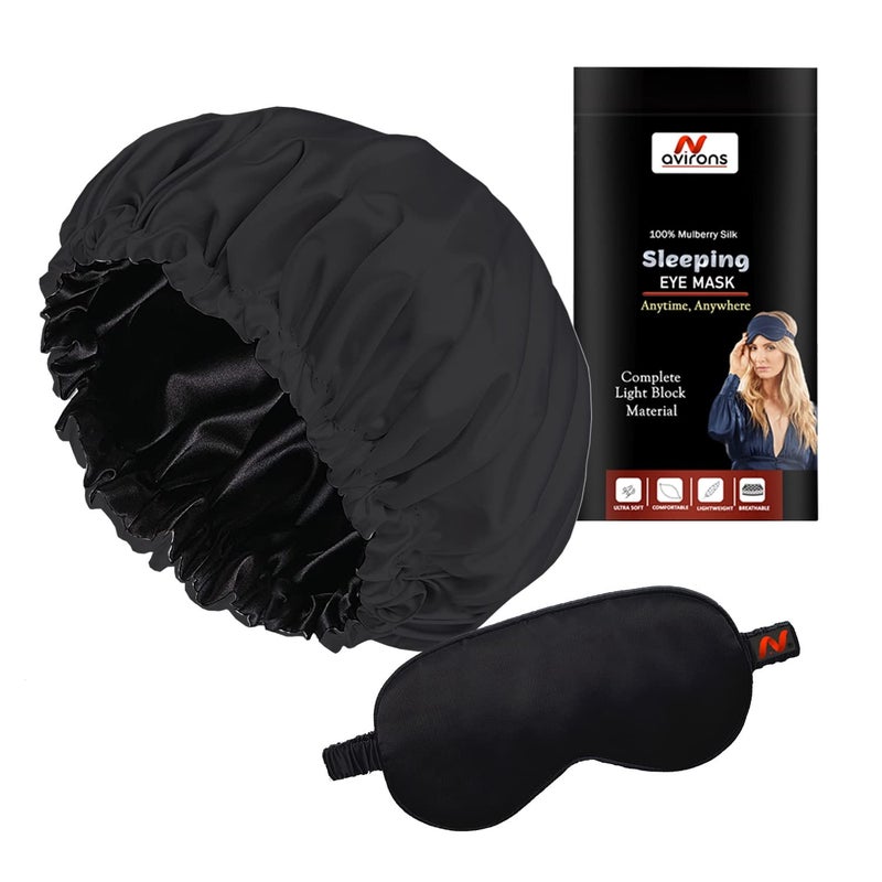 Avirons Satin Silk Hair Bonnet Cap with Sleeping Eye Mask |Silk Head Cap for Sleeping| Satin Bonnet for All Type Hair| Night Cap for Women| Fully Reversible Pure Satin Hair Bonnet Satin Sleep cap - Image 1