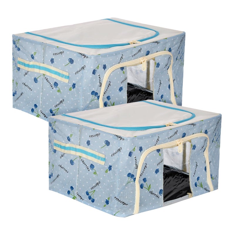 Kuber Industries Kuber Industries Storage Box Steel Frame Living Box Storage Organizer For Clothes Saree Cover for Woman Good Luck Print Cloth Organizer 22 Liter Pack of 2 Sky Blue - Image 1