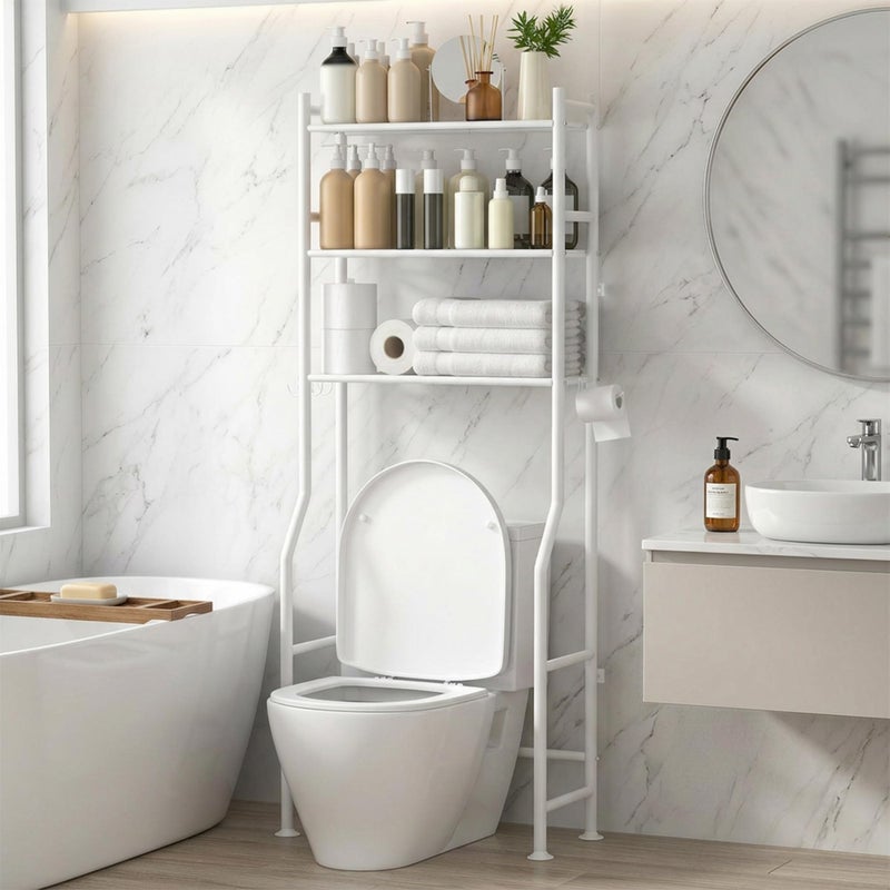 GloTika 3-Tier Over Toilet Storage with Anti-Tilt Safety System - 150lb Total Capacity Metal Bathroom Shelves Including Paper Holder & 4 Hooks, Space Saving Above Commode Organizer (64" H, White) - Image 1