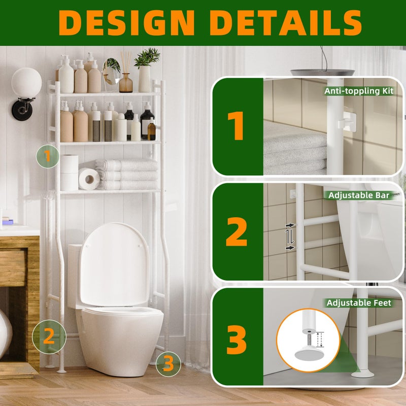 GloTika 3-Tier Over Toilet Storage with Anti-Tilt Safety System - 150lb Total Capacity Metal Bathroom Shelves Including Paper Holder & 4 Hooks, Space Saving Above Commode Organizer (64" H, White) - Image 4