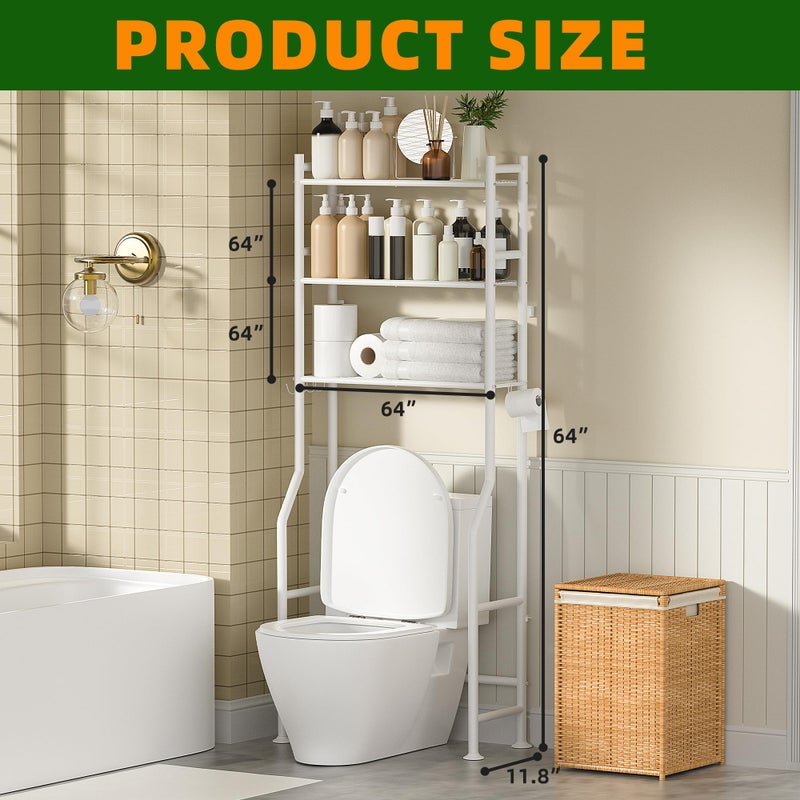 GloTika 3-Tier Over Toilet Storage with Anti-Tilt Safety System - 150lb Total Capacity Metal Bathroom Shelves Including Paper Holder & 4 Hooks, Space Saving Above Commode Organizer (64" H, White) - Image 2
