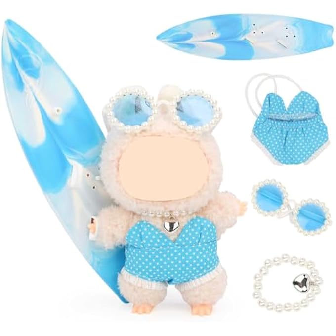 CLOTHES SET COMPATIBLE FOR LABUBU DOLL, HAT SUIT ORNAMENTS ACCESSORIES SET FOR 17CM/6.7INCH DOLL (BLUE SWIMSUIT/SURFBOARD/NECKLACE/GLASSES) - Image 1