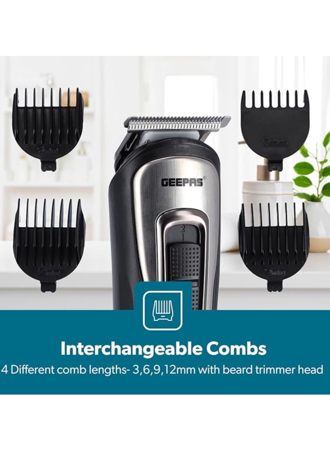 GEEPAS - 11-IN-1 Rechargeable Grooming Set- GTR8300| With 6 Interchangeable Heads and 4 Comb Attachments| Includes a Charging Stand| Prefect for Home and Professional Styling| Black - Image 1