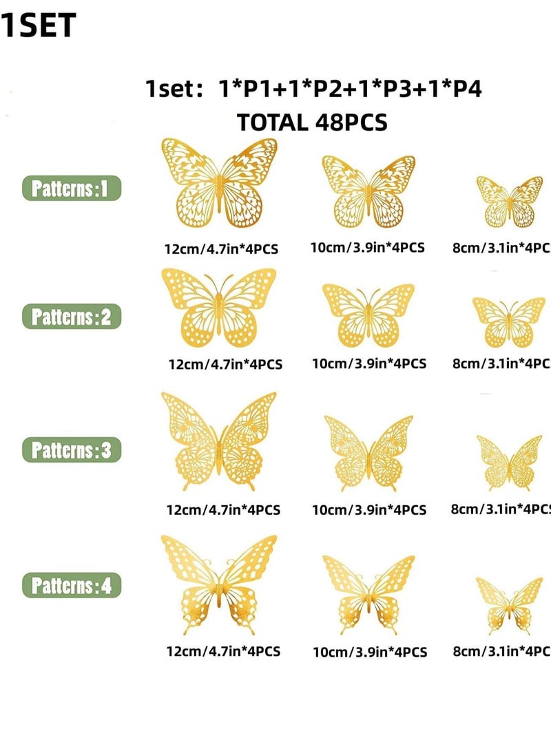 3D Butterfly Decorations, 48pcs Gold Butterfly, 4 Styles 3 Sizes Removable Butterfly Room Decor Butterfly Wall Stickers for Birthday Party Garden Tea Cake Flower Decorations DIY Gift - Image 2