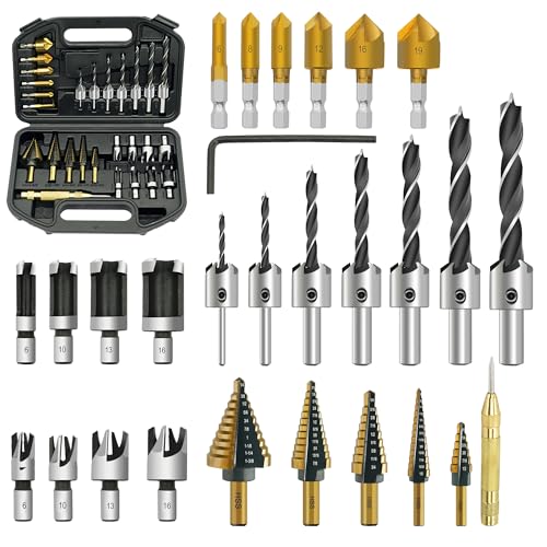 GMTOOLS 28Pcs Woodworking Chamfer Drilling Tools-Countersink Bit, Step Drill Bit Set, Wood Plug Cutter Drill Bit Set (2 Styles), 5-Flute Countersink Drill Bit, Positioning Punch and 1pc Hex Wrench - Image 1