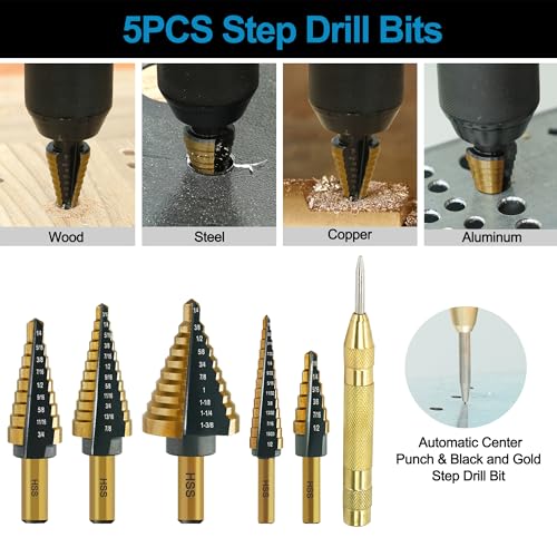GMTOOLS 28Pcs Woodworking Chamfer Drilling Tools-Countersink Bit, Step Drill Bit Set, Wood Plug Cutter Drill Bit Set (2 Styles), 5-Flute Countersink Drill Bit, Positioning Punch and 1pc Hex Wrench - Image 5
