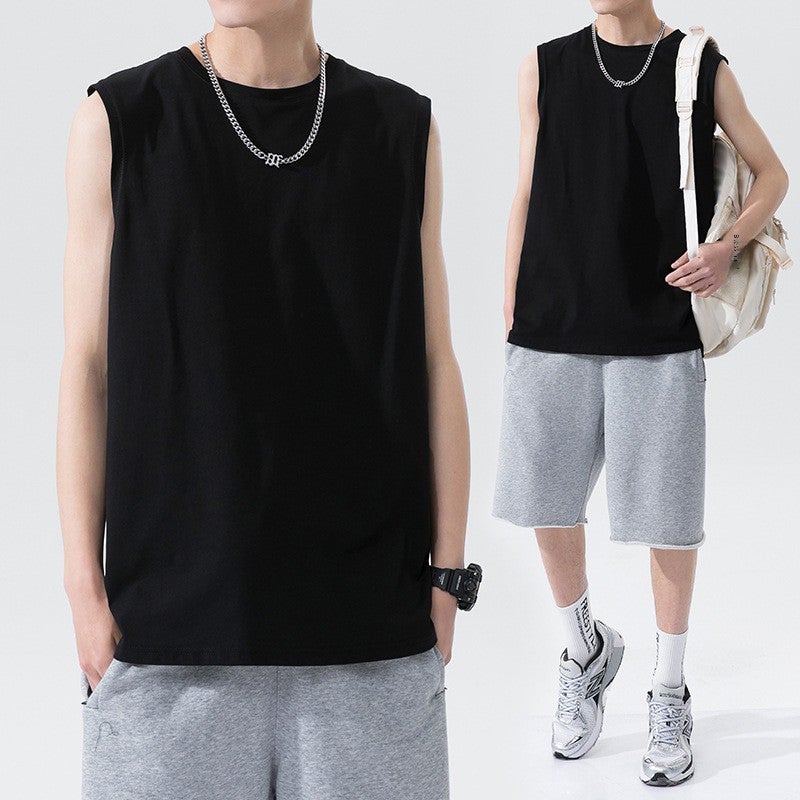 Pure Cotton Short-sleeved Vest Mens Summer Loose Simple All-match Solid Color Sleeveless Half-sleeved Hong Kong-style Multi-color Bottoming Basketball White  - Image 5