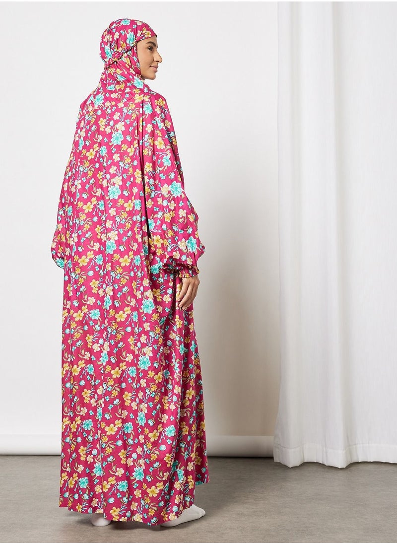 Hayat - Praying Dress With Floral Prints And With Attached Veil - Image 1