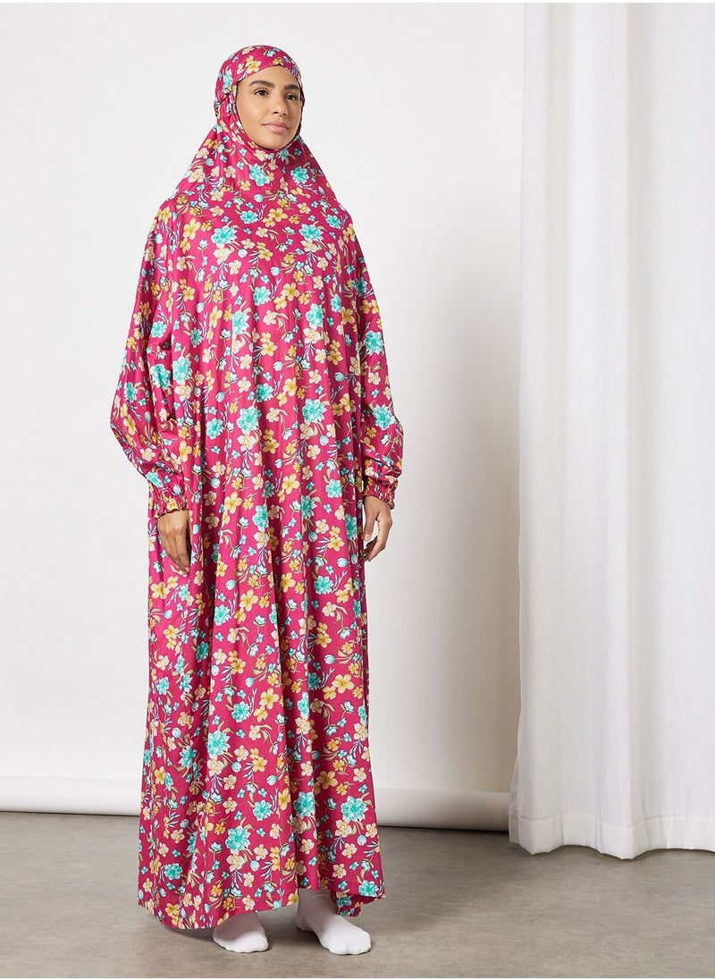 Hayat - Praying Dress With Floral Prints And With Attached Veil - Image 1