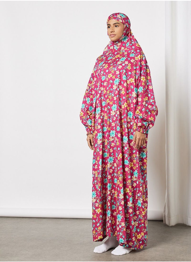 Hayat - Praying Dress With Floral Prints And With Attached Veil - Image 1