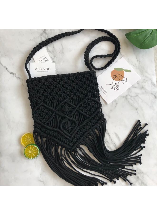 Tassel Pure Handmade Woven Small Square Bag Ethnic Style Cotton Line Crossbody Straw Bag Mori Style Beach Bag Women's Bag-Color:Black  - Image 1