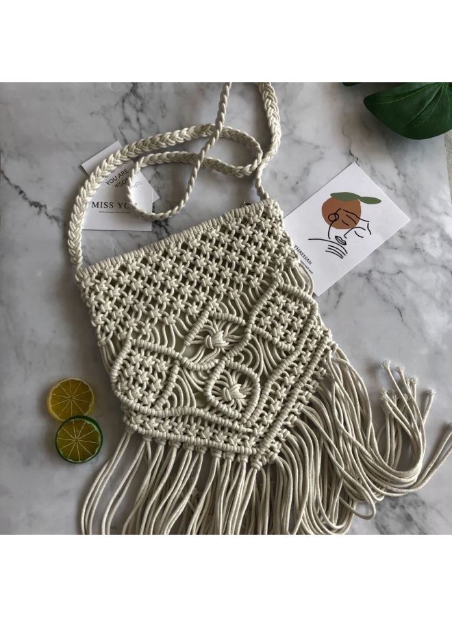Tassel Pure Handmade Woven Small Square Bag Ethnic Style Cotton Line Crossbody Straw Bag Mori Style Beach Bag Women's Bag-Color:Black  - Image 3