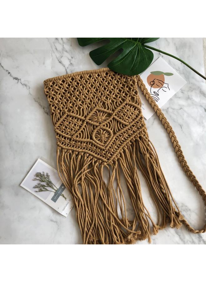 Tassel Pure Handmade Woven Small Square Bag Ethnic Style Cotton Line Crossbody Straw Bag Mori Style Beach Bag Women's Bag-Color:Black  - Image 4