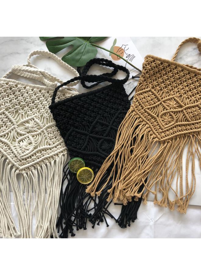 Tassel Pure Handmade Woven Small Square Bag Ethnic Style Cotton Line Crossbody Straw Bag Mori Style Beach Bag Women's Bag-Color:Black  - Image 2