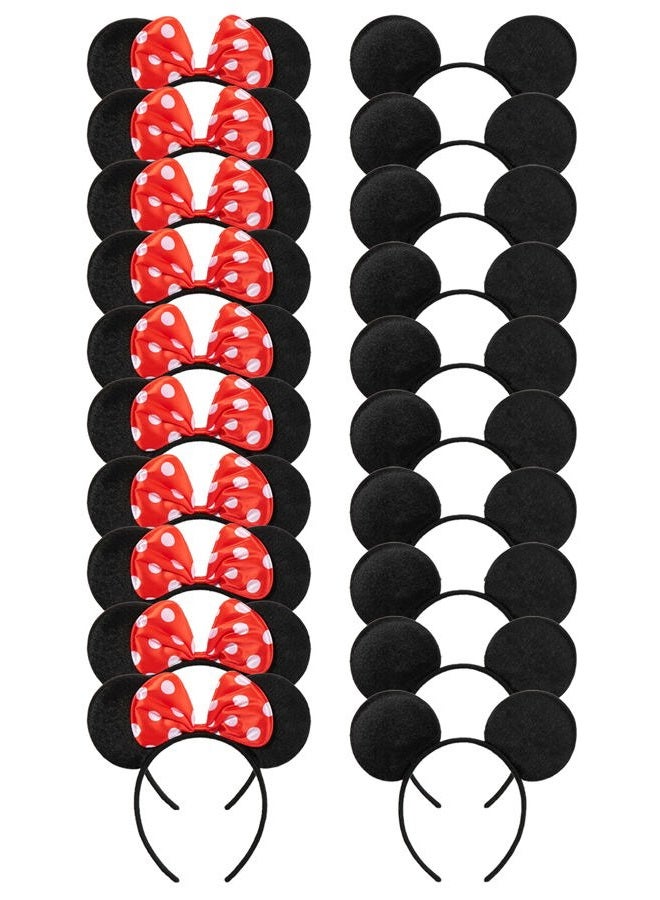 CHuangQi 20 pcs Mouse Ears Headbands, Solid Black Ears & Polka Dots Red Bow, Boys & Girls Birthday Party Supplies - Image 1