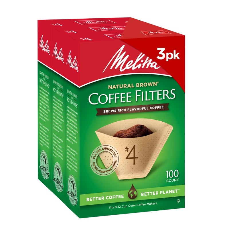 Melitta 4 Cone Coffee Filters Natural Brown 100 Count Pack Of 3 300 Total Filters Fits all 812 Cup Cone Coffee Makers and PourOvers Compostable TearResistant Made in USA