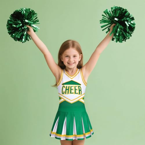 Costumerry Cheerleader Costume for Girls Cheerleading Outfit with Pom Poms Halloween Dress Up Party (Green, 9-10 Years) - Image 4