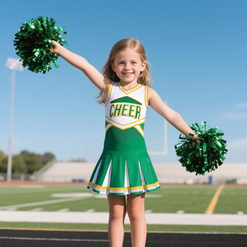 Costumerry Cheerleader Costume for Girls Cheerleading Outfit with Pom Poms Halloween Dress Up Party (Green, 9-10 Years) - Image 3