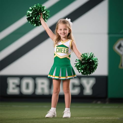 Costumerry Cheerleader Costume for Girls Cheerleading Outfit with Pom Poms Halloween Dress Up Party (Green, 9-10 Years) - Image 2