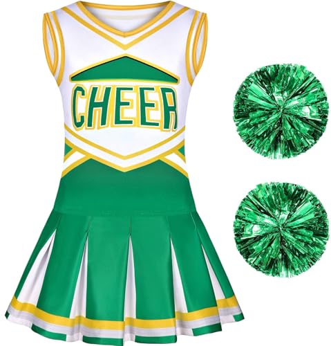 Costumerry Cheerleader Costume for Girls Cheerleading Outfit with Pom Poms Halloween Dress Up Party (Green, 9-10 Years) - Image 5
